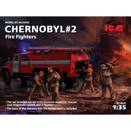 Чернобыль # 2 ICM Пожарные (АЦ-40-137А, 4 фигуры и подставка для диорамы с фоном)