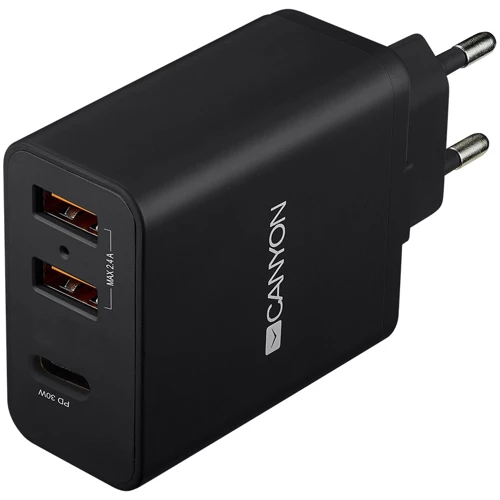 Зарядное устройство Canyon Wall Charger 2xUSB+USB-C 30W Black (CNE-CHA08B)