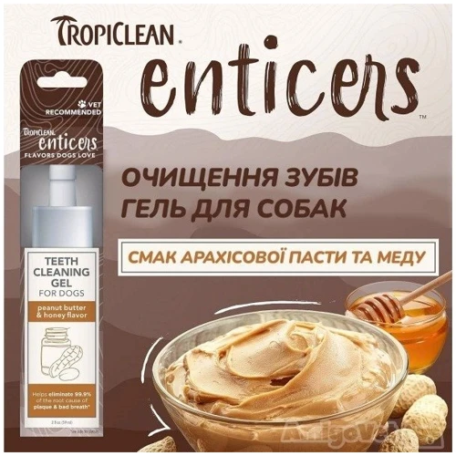 Гель для ухода за полостью рта TropiClean Enticers Арахисовое масло и мёд No Brush для собак 59 мл (004498) фото 1