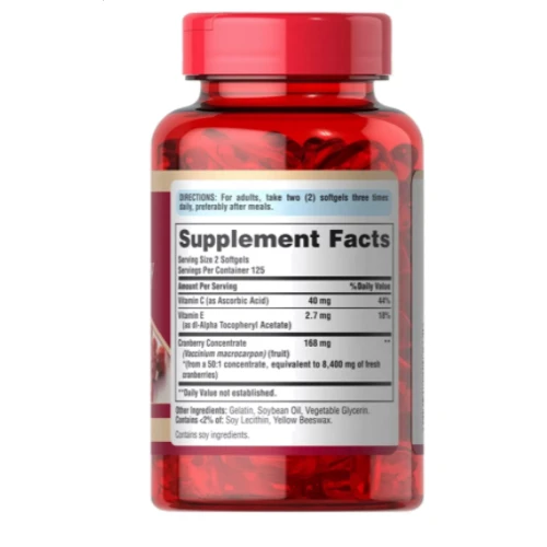 Puritan's Pride Cranberry Fruit Concentrate with C & E 4200 mg Клюква 250 мягких капсул: Форма выпуска Капсулы
