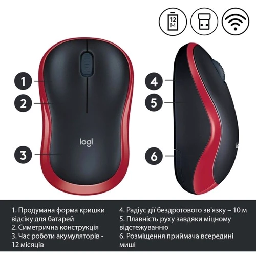Мышь Logitech M185 WL Red (910-002240): Интерфейс подключения Wireless (радио интерфейс)
