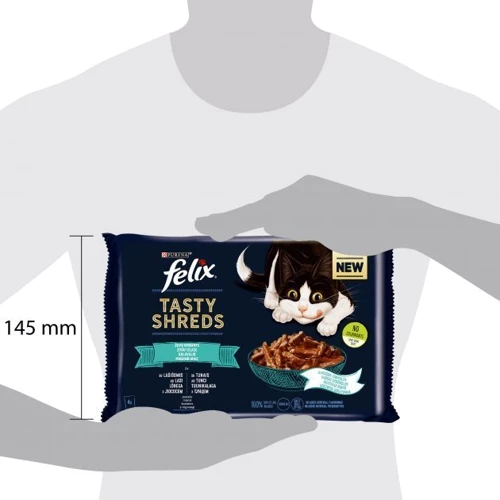 Вологий корм FELIX Tasty Shreds для дорослих котів мультипак: 2х80г з лососем та 2х80г з тунцем (7613287650948): Клас Преміум