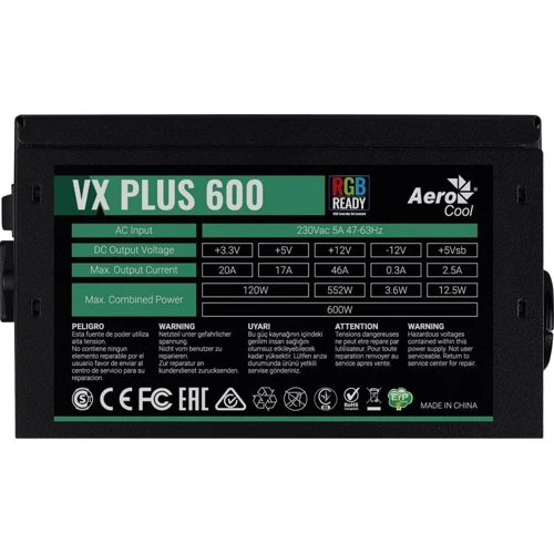 Блок живлення Aerocool VX PLUS 600 RGB: ККД,% 80