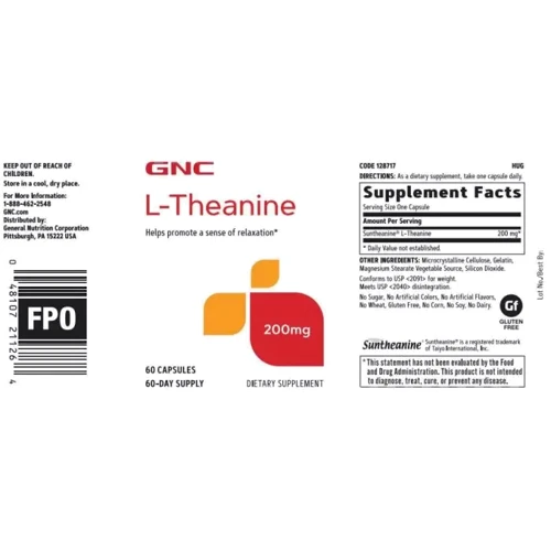 GNC L-Theanine 200 mg Теанин 60 капсул: Тип L Теанин