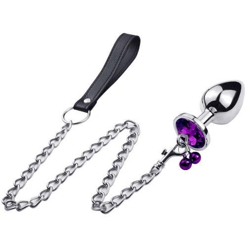 Анальная пробка с кристаллом, колокольчиком и поводком Silver Purple (размер S)