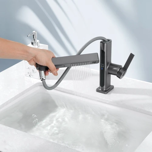 Смеситель для раковины Lefton Single-Hole Pull-Out Faucet with Temperature Display-BF2206 Grey: Тип излива стационарный