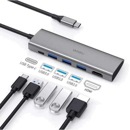 Адаптер WIWU Adapter Alpha 531H USB-C to HDMI+3xUSB3.0+USB-C Grey: Цвет серый