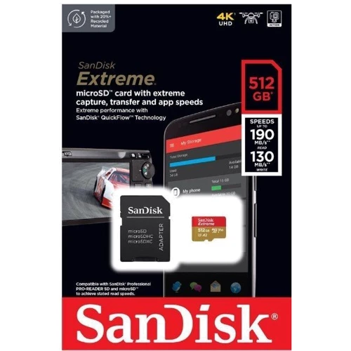 Карта памяти SanDisk 512GB microSD C10 UHS-I U3 Extreme V30 + адаптер (SDSQXAV-512G-GN6MA): Объем 512 ГБ