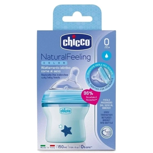 Пляшка пластикова Chicco Natural Feeling 150мл. соска силіконова 0 + нормальний потік (блакитна) (80811.21): Матеріал пластик