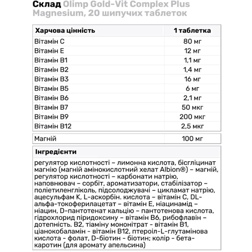Olimp Gold-Vit Complex Plus Magnesium вітамін B та магній 20 шипучих таблеток: Тип Магний + B6