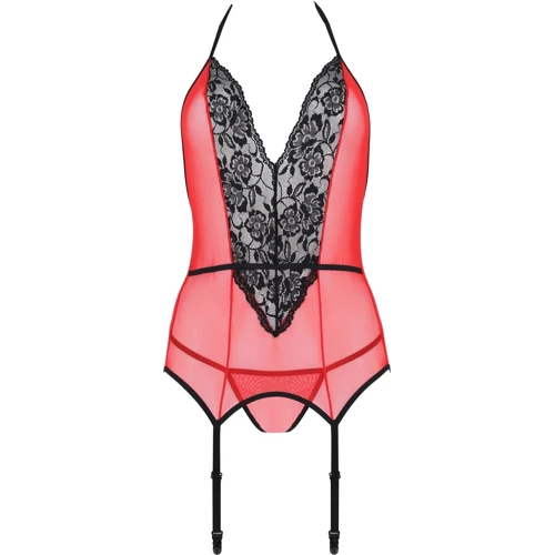 Корсет с пажами для чулок Passion PEONIA CORSET Red S/M (стринги в наборе)
