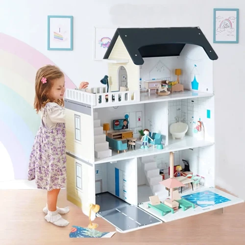 Деревянный трехэтажный кукольный домик с мебелью и фигурками (TX0091)