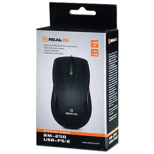 Мышь REAL-EL RM-250 USB+PS/2, black: Эргономика для правой и левой руки
