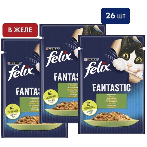 Вологий корм для котів Felix Fantastic із кроликом у желе 26х85 г (7613039835500)