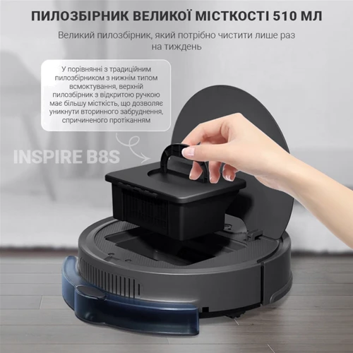 Робот уборщик Inspire B8S-max Black: Дополнительно Удаленное управление, Для маленькой квартиры, Для больших помещений, 2 в 1, Автономные, Адаптация под тип поверхности, Две щетки, Обнаружение препятствий, Умный, Уборка в углах, Тонкий