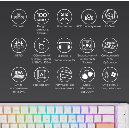 Клавиатура Ducky One 3 SF Cherry MX Red RGB White UA (DKON2167ST-RUAPXPWWWSC1) фото 8
