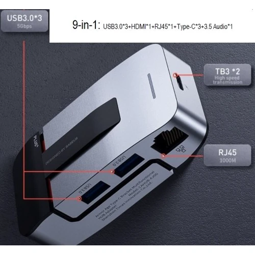 Адаптер Baseus Adapter Dual USB-C to 2хUSB + RJ45 + HDMI + 3.5mm Space Gray (CAHUB-AJ0G) фото 9