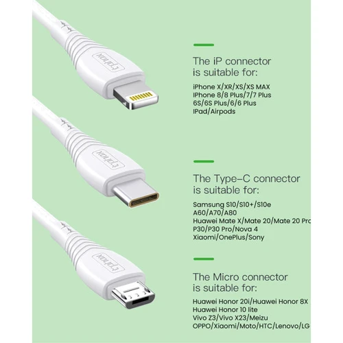 Кабель T-PHOX USB Cable to Lightning/microUSB/USB-C 3A 1.2m White (T-F831 White) фото 5