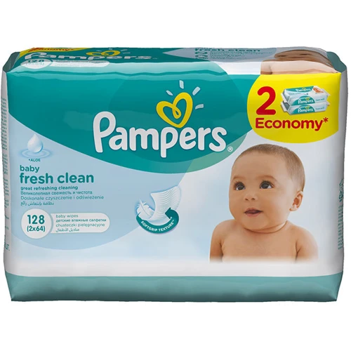PAMPERS Дитячі вологі серветки Baby Fresh Clean Змінний блок Duo 2х64 ПрепакКороб