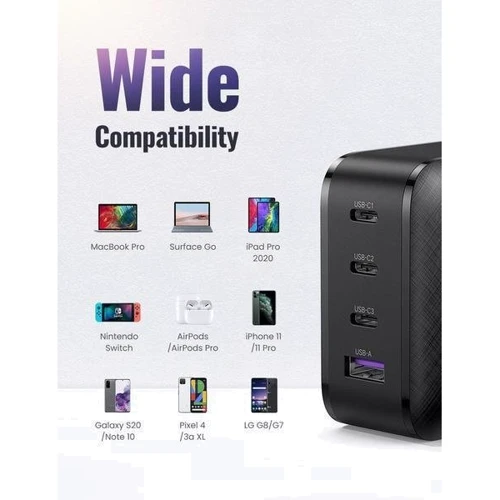 Зарядний пристрій Ugreen Wall Charger 3хUSB-C+USB CD224 GaN 65W Black (70774) фото 6