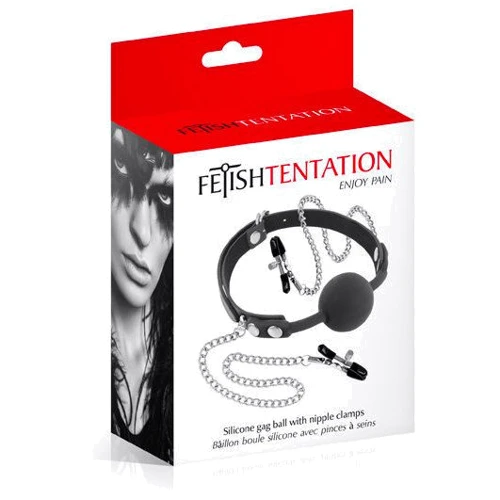 Кляп с силиконовым шариком и зажимами для сосков Fetish Tentation Gag Ball with Nipple Clamps