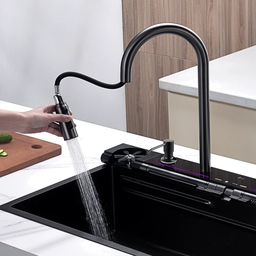 Кухонная мойка Lefton 33x22 Inch Waterfall Faucet Kitchen Sink with Digital Temperature Display & LED Lighting-KS2207L: Габариты чаши (ШxГxВ), см 77.5x43.5x25.5