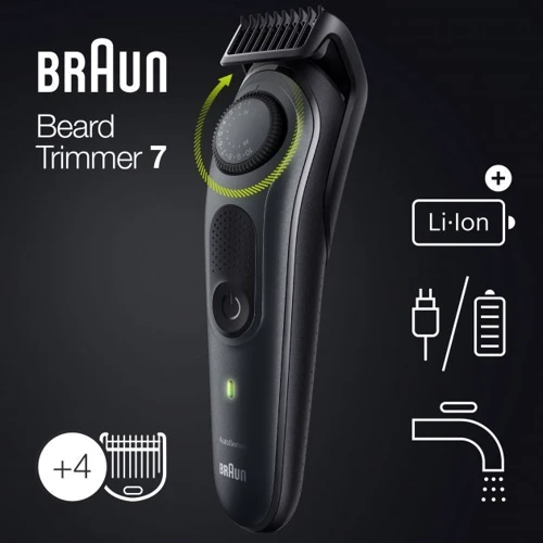 Машинка для стрижки (триммер) Braun BeardTrimmer BT7340: Особенности Влажная очистка, Беспроводной, Самозатачивающиеся лезвия