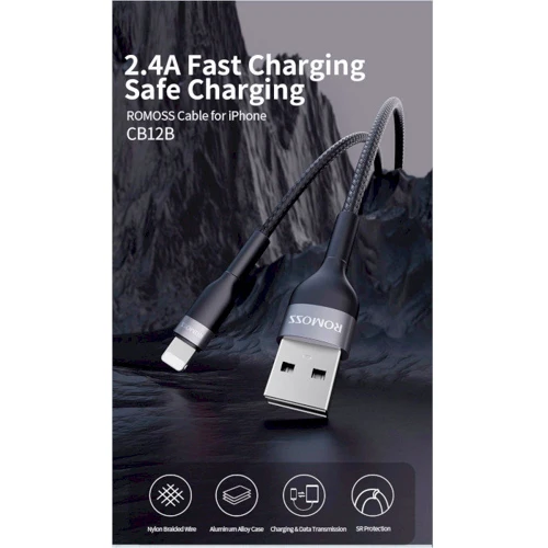 Кабель Romoss USB Cable to Lightning CB12B 2.4A 1m Black (CB12B-621-234H): Тип USB Cable - Lightning