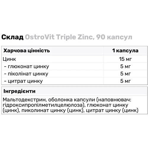 OstroVit Triple Zinc Цинк 90 капсул: Форма выпуска Капсулы