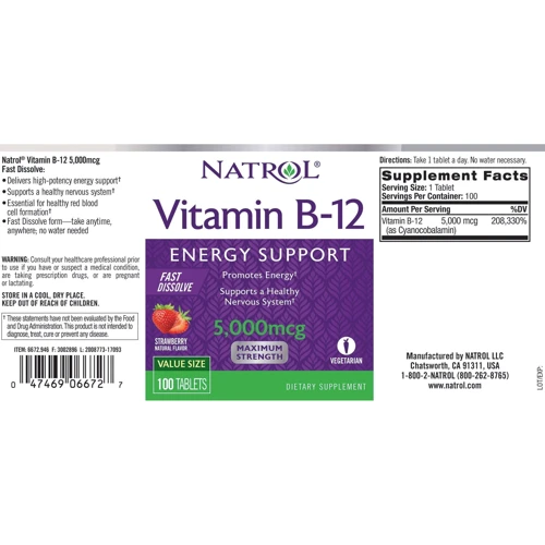 Natrol Vitamin B-12 5000 mcg 100 Tabs Strawberry Flavor Витамин В12 со вкусом клубники: Тип Витамин B