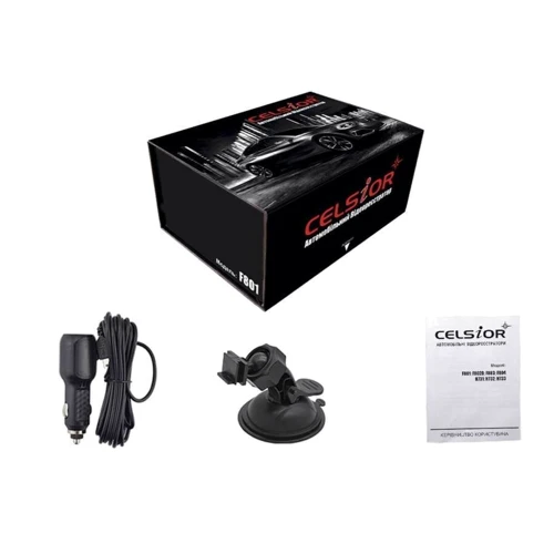 Celsior DVR F801: Оснащение режим парковки, G-сенсор (датчик удара/движения), аккумулятор, дисплей, микрофон