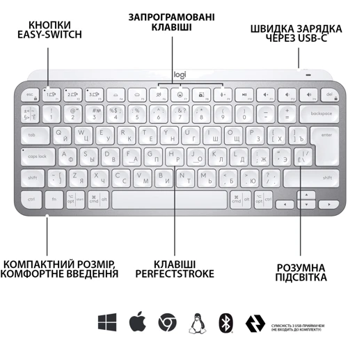 Клавіатура Logitech MX Keys Mini Minimalist UA Pale Grey (920-010499): Додатково без цифрового блока, подсветка клавиш