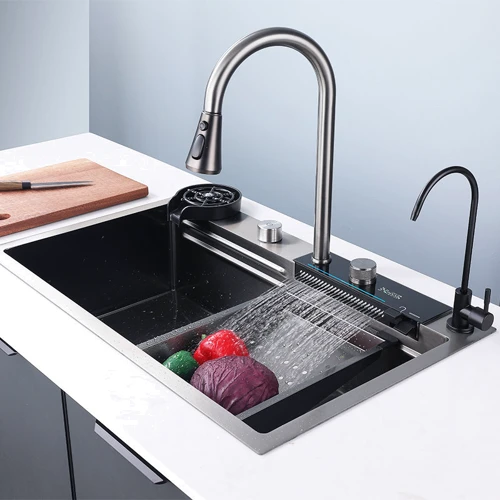 Кухонная мойка Lefton WaterFall E2 с аксессуарами серо-черный