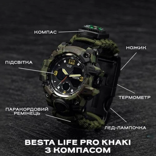 Наручные часы Besta Life Pro Khaki з компасом: Тип циферблата Комбинированный (аналого-цифровой)