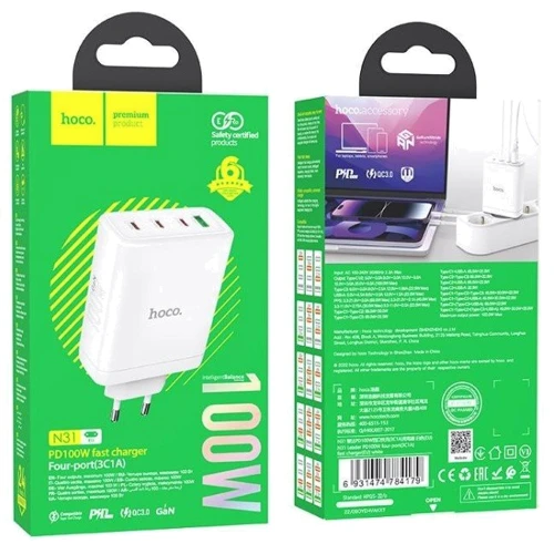 Зарядний пристрій Hoco Wall Charger 3xUSB-C+USB N31 White фото 6