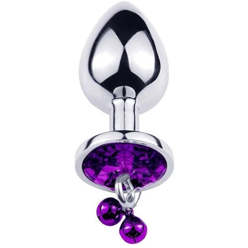 Анальная пробка с кристаллом, колокольчиком и поводком Silver Purple (размер S)