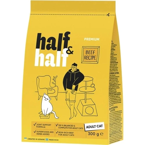 Сухой корм Half & Half для взрослых кошек с говядиной 300 г (4820261920956)