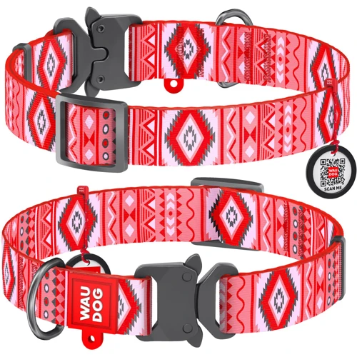 Ошейник WAUDOG Nylon с QR-паспортом, рисунок "Этно красный", металлическая пряжка-фастекс 25 мм 31-49 см красный (5208)
