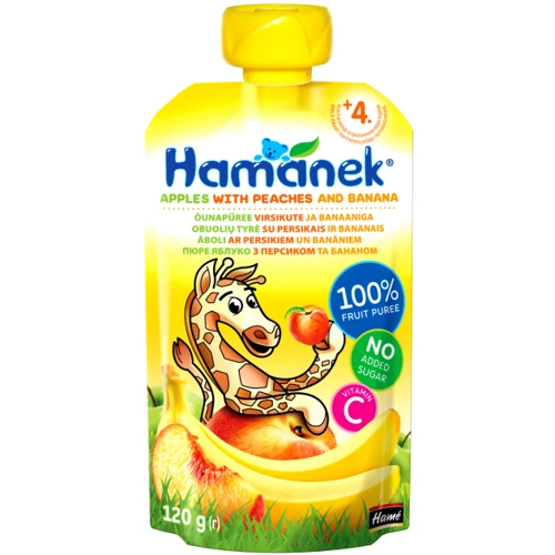 

Пюре Hame Хаманек (пауч) яблоко с персиком и бананом 120 (8595139783945)