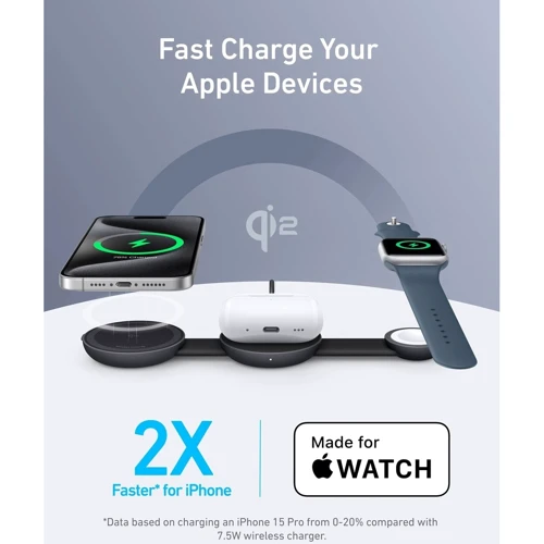 Зарядний пристрій ANKER Wireless Charger MagSafe 3in1 Foldable 15W з USB-C Cable Black (B25M8H11) для iPhone 16 I 15 I 14 I 13 I 12 series, Apple Watch and Apple AirPods: Кабель в комплекті USB-C
