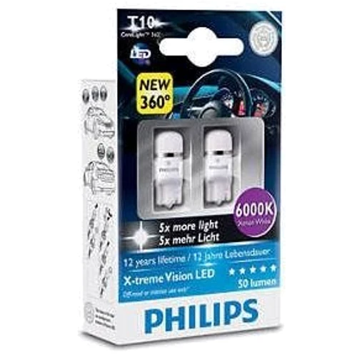 LED лампа Philips X-tremeVision LED W5W 6000K 12V 127996000KX2 (2шт.): Головной свет Повороты боковые, Габариты