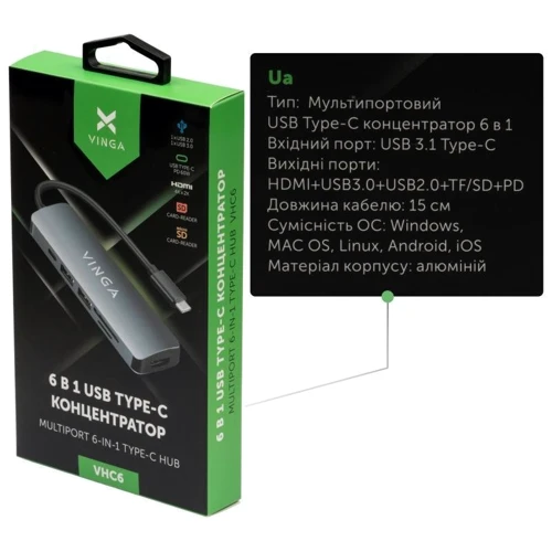 Адаптер Vinga Adapter USB-C to HDMI+USB3.0+USB2.0+SD+microSD+PD (VHC6): Дополнительные разъемы USB-C, HDMI, USB 3.0, USB OTG, SD+TF Card