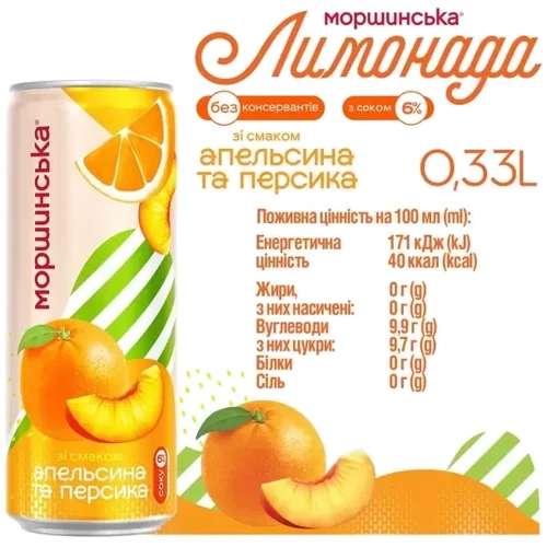 Напиток сокосодержащий Моршинська Лимонада со вкусом апельсина и персика 0.33 л (4820017002721): Степень газирования Слабогазированная