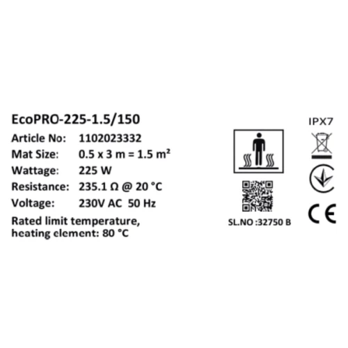 Мат нагревательный Warmstad Max EcoPRO-225-1.5/150 W/m2: Площадь обогрева, кв.м 15