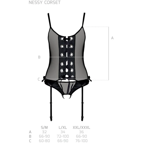 Корсет со шнуровкой Passion NESSY CORSET Вlack XXL/XXXL (стринги в наборе)
