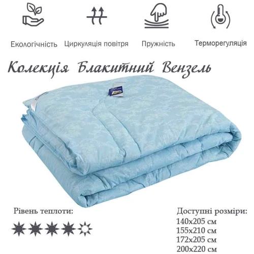 Одеяло Руно Комфорт плюс Голубой Вензель шерстяное 172х205 (316.02ШК+У_Блакитний Вензель): Наполнитель овечья шерсть