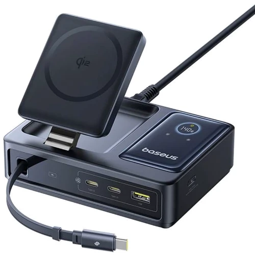 Док-станция Baseus Charging Station 2xUSB-C+USB Retractable-C Wireless Charging 140W Black (P10170902123-00) фото 3