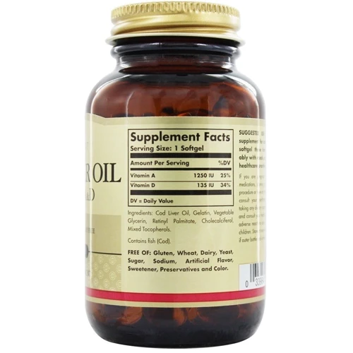 Solgar Cod Liver Oil Vitamin A & D 250 Softgels Витамины А и D3 из печени трески: Тип Омега 3