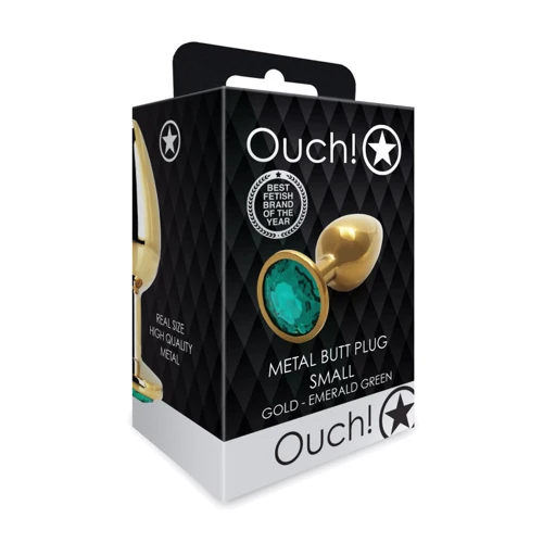 Металлическая анальная пробка Ouch! Heart Gem Gold - Emerald Green, S