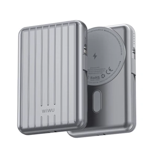 Внешний аккумулятор WIWU Power Bank 10000mAh Trunk 22.5W Magnetic Wireless Silver: Особенности Поддержка MagSafe, Встроенный кабель, быстрая зарядка, беспроводная зарядка